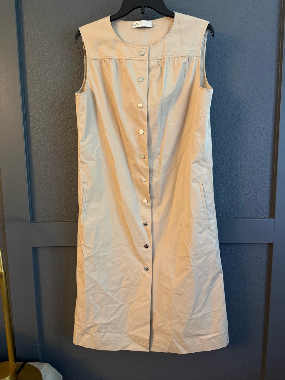 TORY BURCH • Sleeveless Cotton poplin midi Dress in Beige Tan Size 8